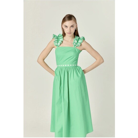 English Factory Ruffle Detail Midi Dress Sz XS Green - Picture 10 of 11